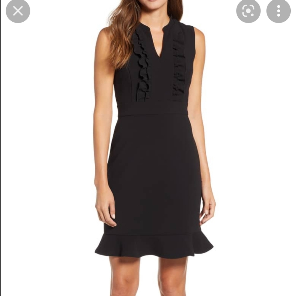 KARL LAGERFELD PARIS Ruffle Front Sleeveless Sheath Black Dress